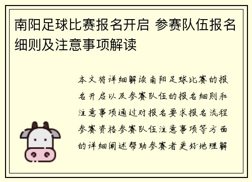 南阳足球比赛报名开启 参赛队伍报名细则及注意事项解读