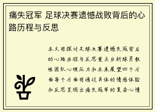 痛失冠军 足球决赛遗憾战败背后的心路历程与反思