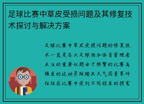 足球比赛中草皮受损问题及其修复技术探讨与解决方案