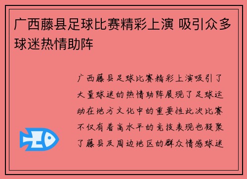 广西藤县足球比赛精彩上演 吸引众多球迷热情助阵