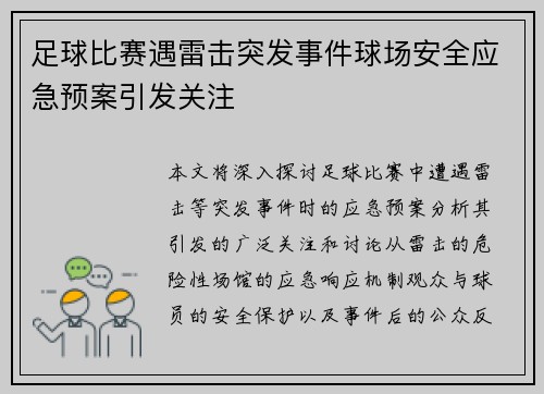 足球比赛遇雷击突发事件球场安全应急预案引发关注