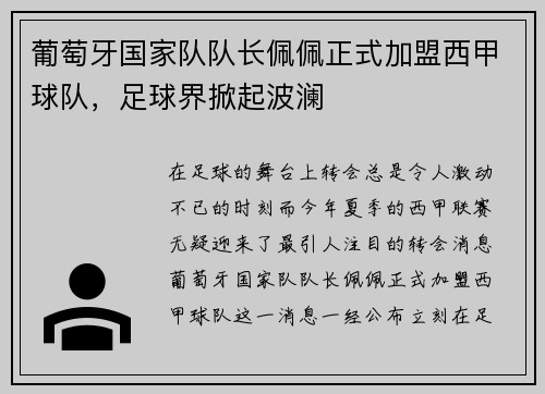 葡萄牙国家队队长佩佩正式加盟西甲球队，足球界掀起波澜