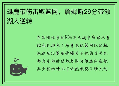 雄鹿带伤击败篮网，詹姆斯29分带领湖人逆转