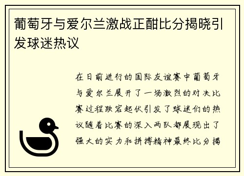 葡萄牙与爱尔兰激战正酣比分揭晓引发球迷热议