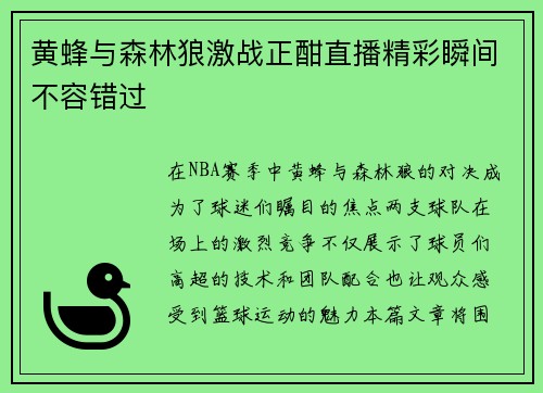 黄蜂与森林狼激战正酣直播精彩瞬间不容错过