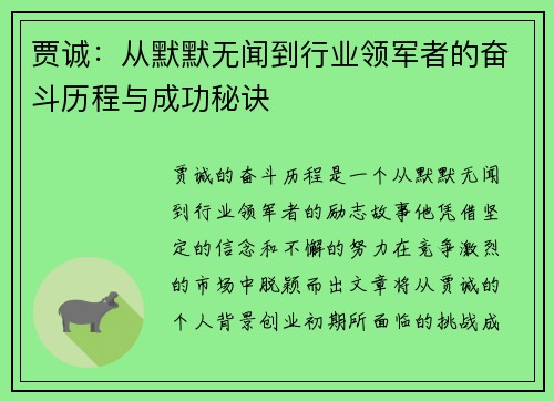 贾诚：从默默无闻到行业领军者的奋斗历程与成功秘诀