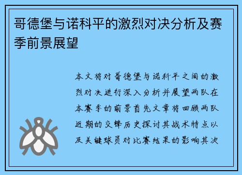 哥德堡与诺科平的激烈对决分析及赛季前景展望